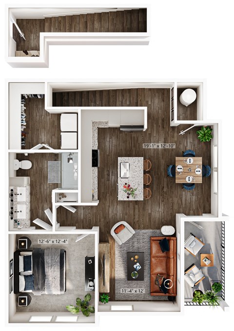 Floor plan for 1 bed, 1 bath, 885 sqft